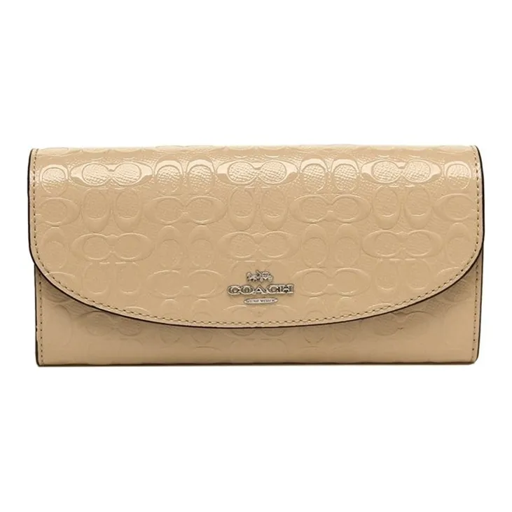 COACH Boxed Patent Leather Leather Envelope Wallet Clutch Coin Purse Box Women's Khaki-1