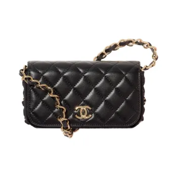 CHANEL 22c Early Spring Sheepskin Flap Cell Phone Pouch Women's Black