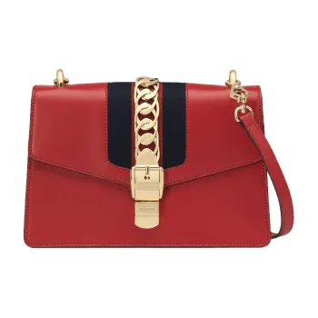 GUCCI Sylvie Cow Leather Portable Crossbody Bag Shoulder Bag Women's Red