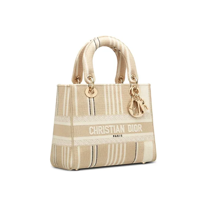 DIOR Lady Dior Striped Embroidered One Shoulder Handbags Medium Size Women's Beige-1