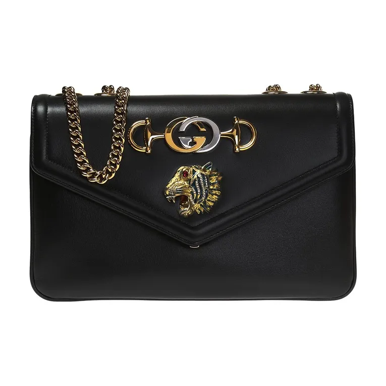 GUCCI Rajah Leather Chain Bag Shoulder Bag Crossbody Bag Medium Size Women's Black-0