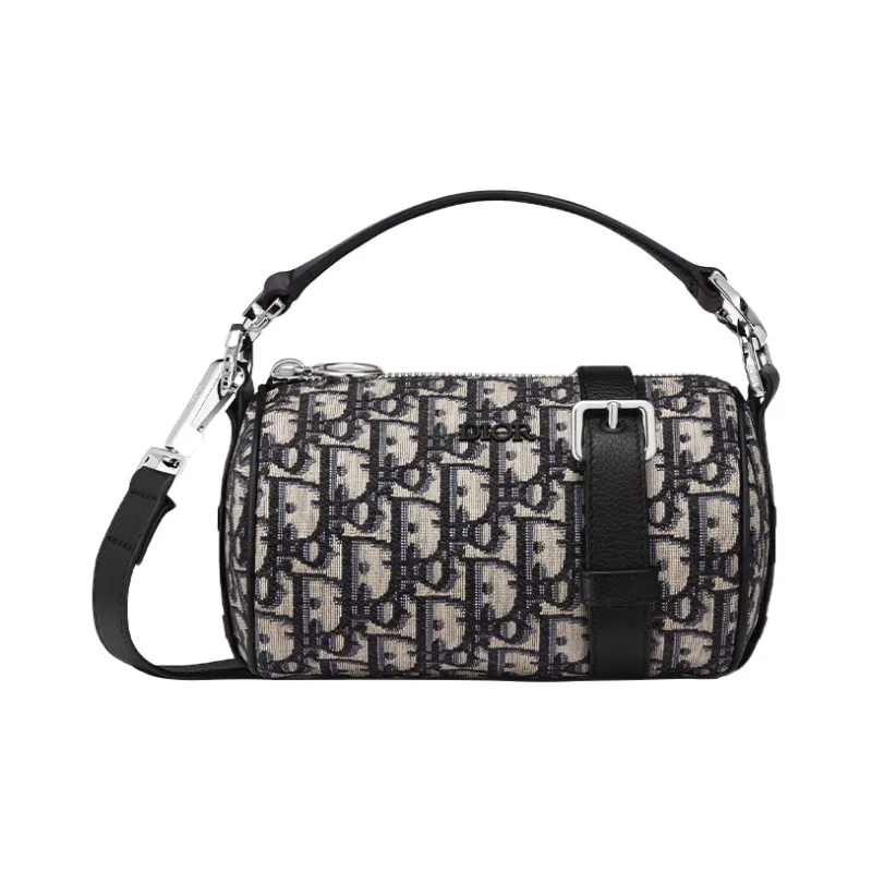 DIOR Embroidery Cylinder Bag Handbag Crossbody Bag Shoulder Bag Men's Black And Beige-0