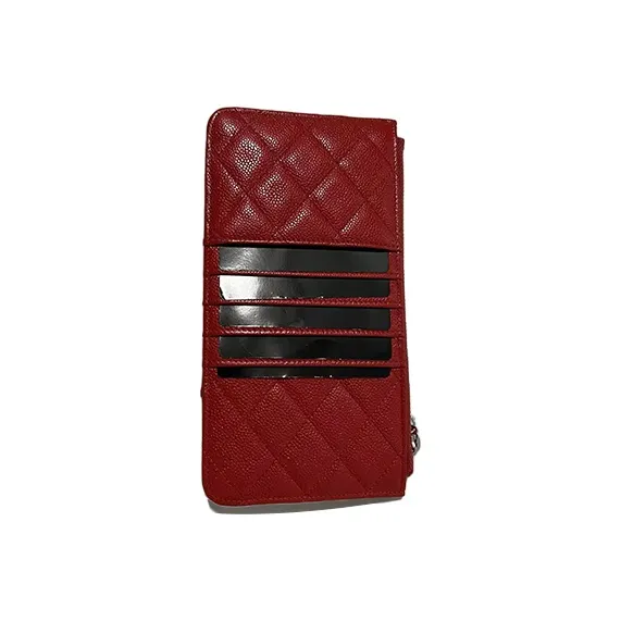 CHANEL Litchi Shinny Leather Calfskin Long Wallet Coin Purse Women's Red-1