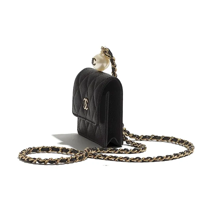 CHANEL Grain Calfskin Coin Purse Necklace Pouch Crossbody Bag Medium Size Women's Black-1