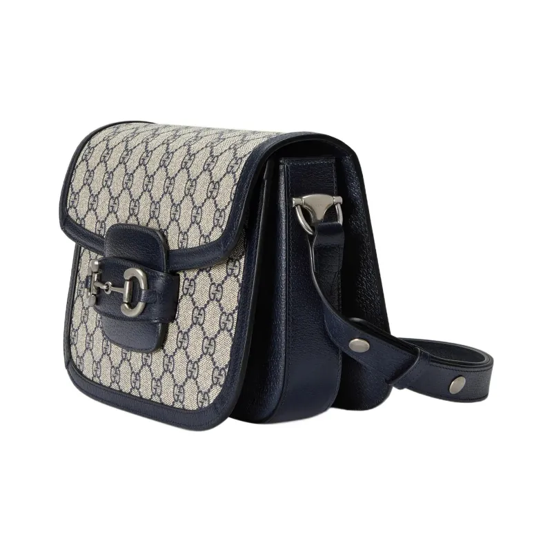 GUCCI Horsebit 1955 Canvas With Leather Trim Handbag, Shoulder Bag, Crossbody Bag Trumpets Unisex Blue/Beige-1