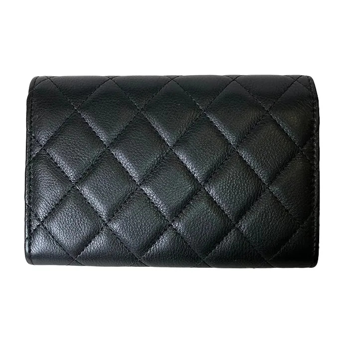 CHANEL Calfskin Flap, Double Fold, Long Wallet, Crossbody Bag Women's Black-1