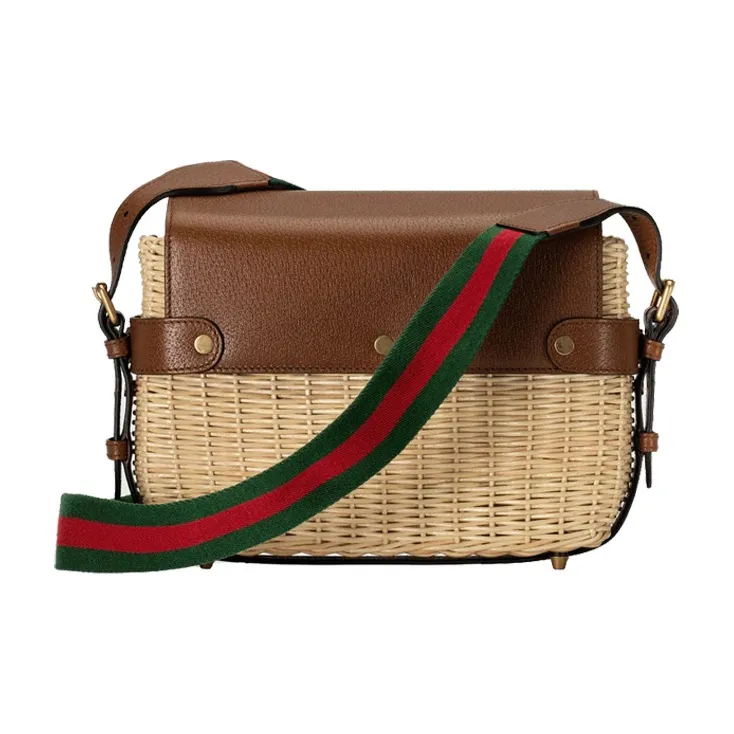 GUCCI Wicker Patchwork Leather Messenger Bag Shoulder Bag Crossbody Bag Small Size Unisex Brown & Beige-1