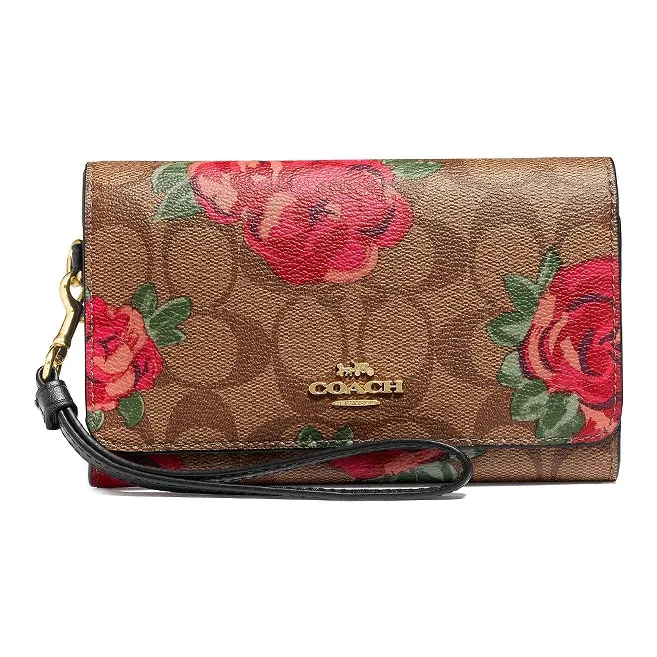 COACH Coated Canvas With Smooth Leather Clutch, Wallet, Wallet, Cell Phone Pouch Trumpets Women's Khaki & Black-0
