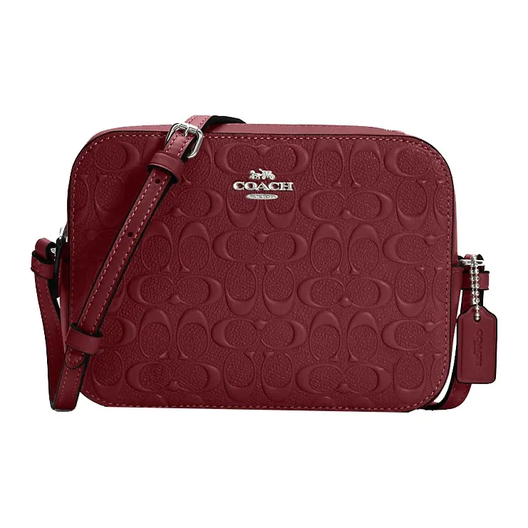 COACH Camera Leather Small Square Bag, Camera Bag, Crossbody Bag Trumpets Women's Cherry Red-0