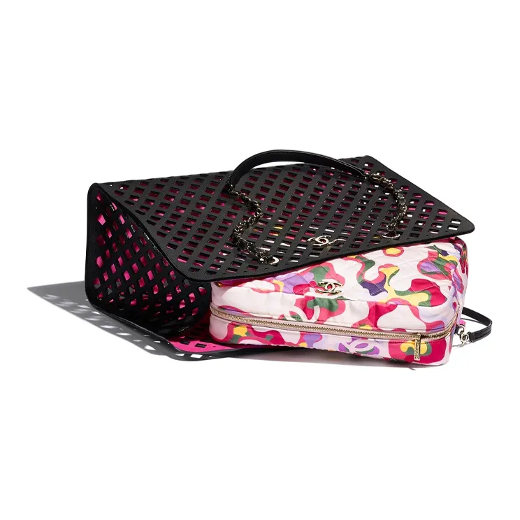 CHANEL Calfskin & Print Fabric & Metal Shoulder Bag, Handbag, Tote Bag Women's Black/Multicolor-3