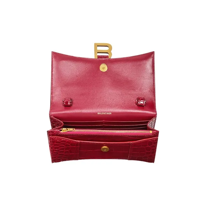 Balenciaga Hourglass Embossed Cow Leather Chain Strap Wallet Women's Dark Red-1