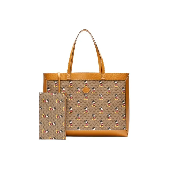 GUCCI Disney Collaboration Canvas Leather Tote Bag Shopping Bag Shoulder Bag Handbag Medium Size Unisex Ebony/Brown-0