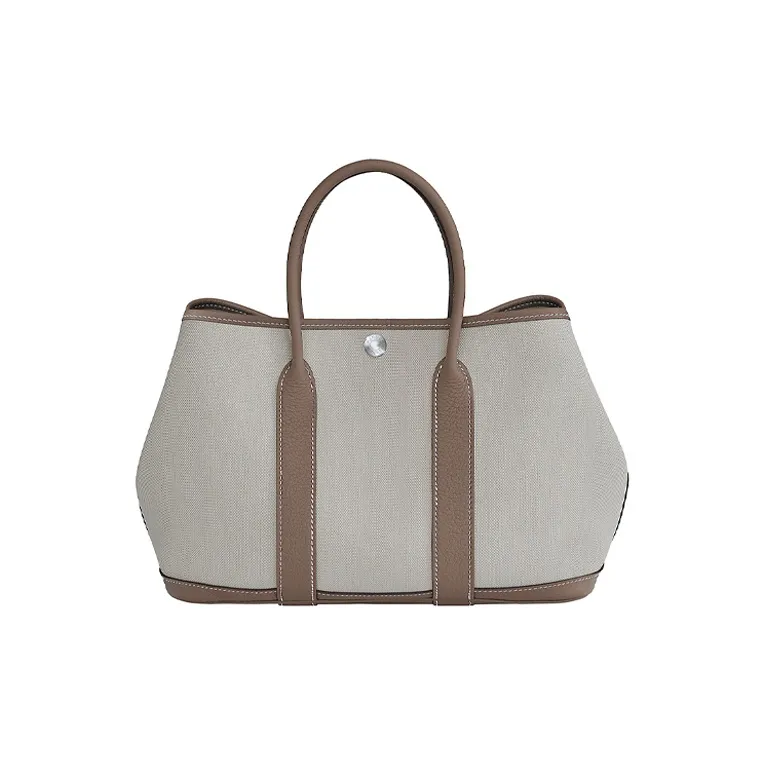 HERMES Garden Party Canvas With Leather Garden Bag, Canvas Bag, Handbag Unisex Glacier White/Elephant Gray-0