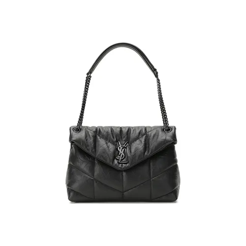 SAINT LAURENT PUFFER Matte Finish Lambskin Cloud Bag Pillow Bag Chain Shoulder Bag Medium Size Women's Black