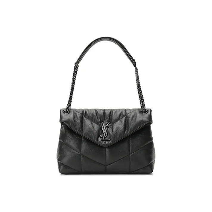 SAINT LAURENT PUFFER Matte Finish Lambskin Cloud Bag Pillow Bag Chain Shoulder Bag Medium Size Women's Black-0