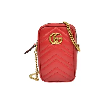 GUCCI GG Marmont Cow Leather Cell Phone Pouch Shoulder Bag Crossbody Bag Mini Women's Red