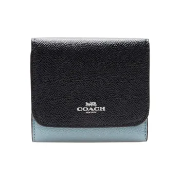 COACH Wallet Canvas With Leather Foldable Envelope Cropped Wallet Mini Women's Dark Blue With Sky Blue Accents
