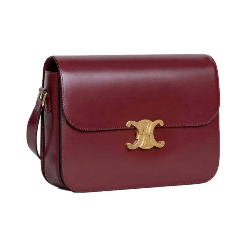 CELINE Triomphe Shiny Cow Leather Shoulder Bag Handbag Shoulder Bag Crossbody Bag Large Size Women's Burgundy-1