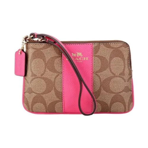 COACH Corner Zip PVC Clutch Wallet Wrist Bag Small Size Women's Brown & Pink