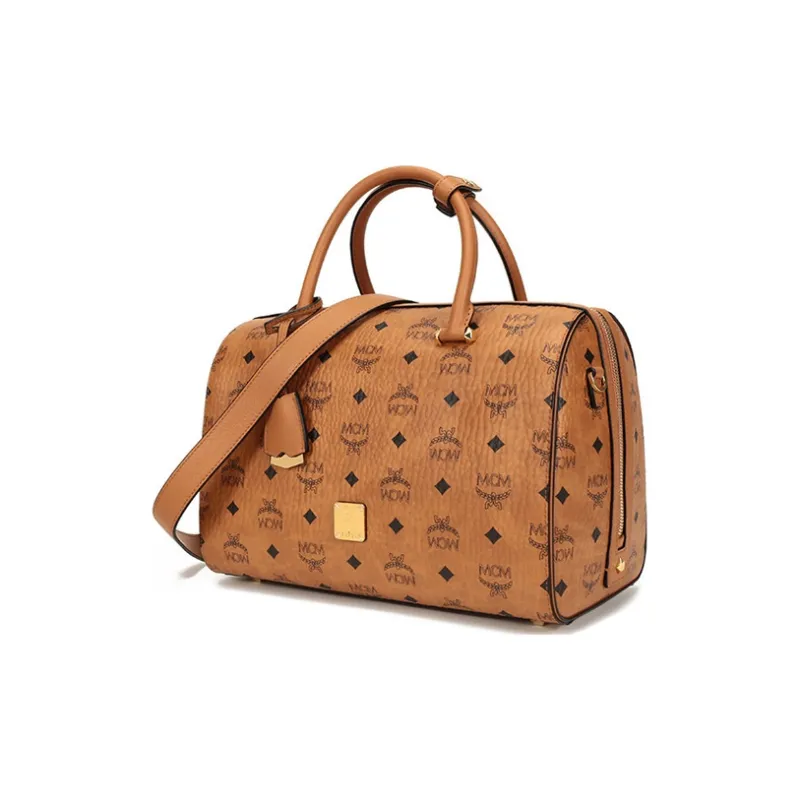 MCM Essential Visetos Origina Canvas With Leather Boston Bag, Handbag, Crossbody Bag, Shoulder Bag Women's Brown Cognac-1
