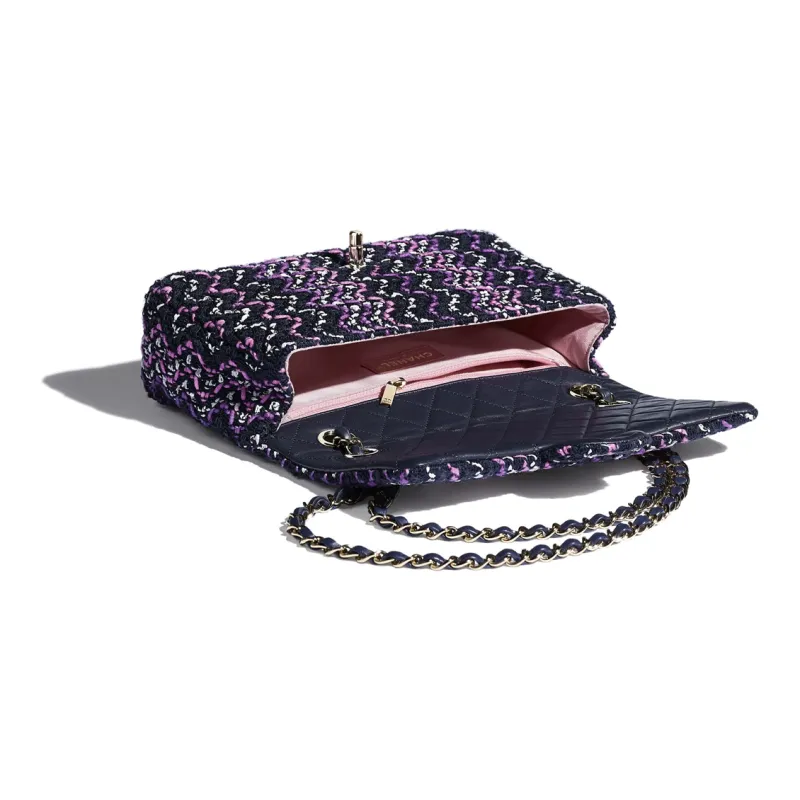 CHANEL Woven Cotton & Metal Flap Bag, Handle Chain, Shoulder Bag Women's Purple & Marine Blue & Pink-2