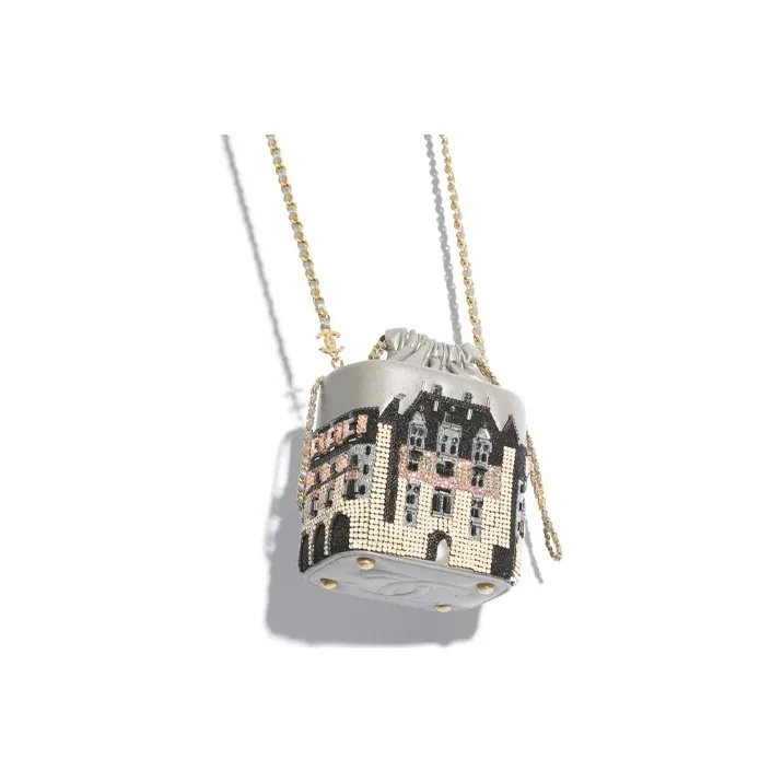CHANEL Lambskin Chain Bag, Bucket Bag, Crossbody Bag Women's Silver-1