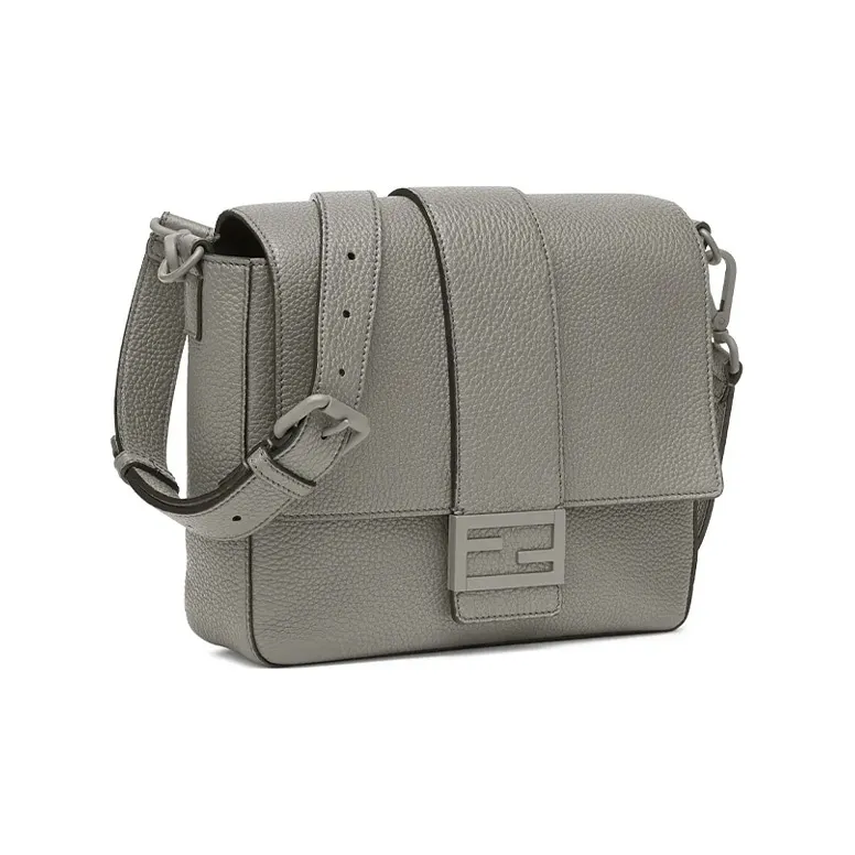 FENDI Baguette Calfskin Baguette Bag Messenger Bag Shoulder Bag Crossbody Bag Medium Size Men's Gray-1