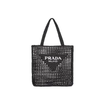 PRADA Raffia Fiber Tote Bag, Shopping Bag, Shoulder Bag, Handbag Women's Black