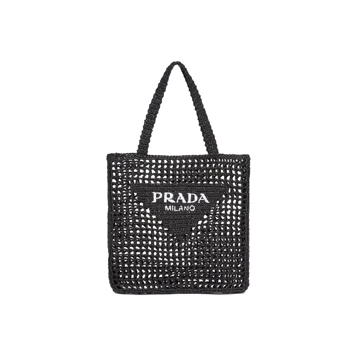 PRADA Raffia Fiber Tote Bag, Shopping Bag, Shoulder Bag, Handbag Women's Black-0