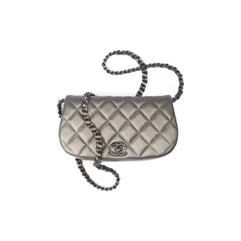 CHANEL Metal Texture Calfskin Coin Purse, Shoulder Bag, Crossbody Bag Women's Ruthenium Color