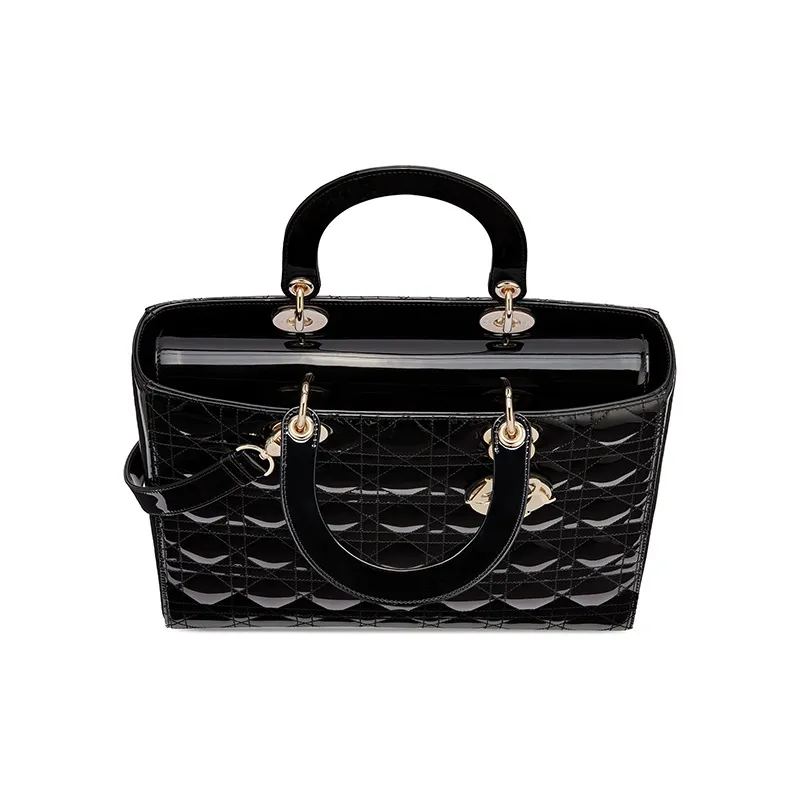 DIOR Lady Dior Patent Leather Cowhide Dior Bag Shoulder Bag Crossbody Bag Handbag Large Size Women's Black-2