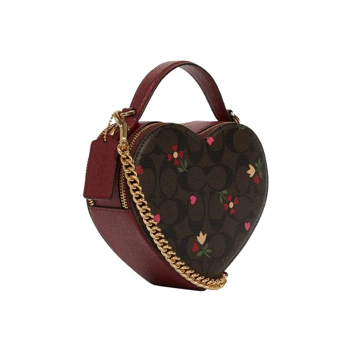 COACH Heart Monogram Canvas With Leather Handbag Crossbody Bag Mini Women's Brown Burgundy Multicolor-1