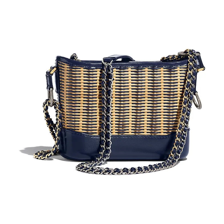 CHANEL Bamboo Woven With Cow Leather Shoulder Bag, Crossbody Bag, Handheld Backpack Trumpets Women's Beige/Marine Blue-1