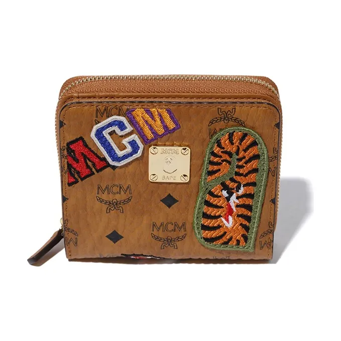 A BATHING APE MCM Shark Zip Collaboration Collection Sheepskin Wallet Unisex Brown-0