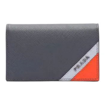 PRADA Cow Leather Card Clip Wallets Men's Black/Orange