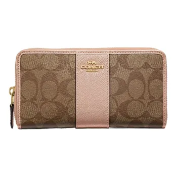 COACH Accordion Zip Canvas With Leather Clutches Wallets Women's Khaki & Cherry Blossom Pink