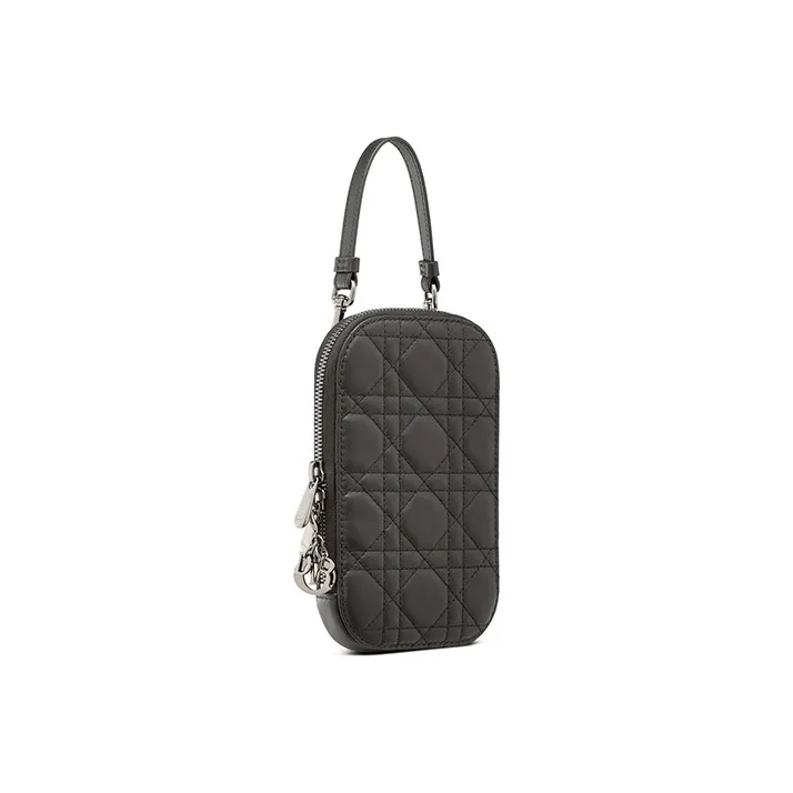 DIOR Lady Dior Sheepskin Cell Phone Pocket, One Shoulder Crossbody Portable Cell Phone Pouch Women's Black-1