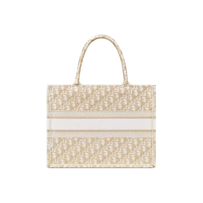 DIOR BookTote Handmade Embroidered Monogram All Over Print Tote Bag Shopping Bag Handbag Medium Size Women's Gold-2