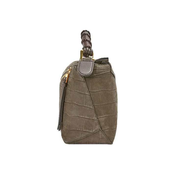 LOEWE Puzzle Suede Handbag Shoulder Bag Crossbody Bag Small Size Women's Olive Green-2