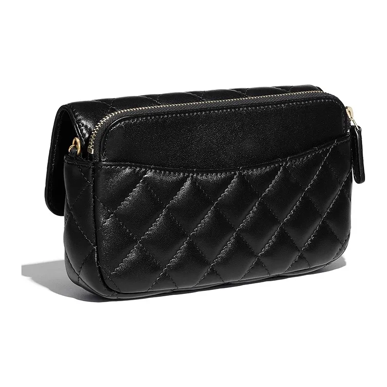 CHANEL Lambskin Chain Crossbody Cell Phone Pouch Women's Black & Gold-2