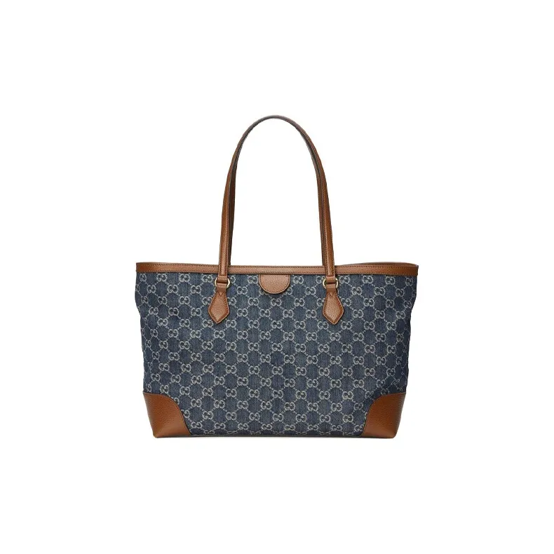 GUCCI Ophidia Denim With Leather Tote Bag, Shopping Bag, Shoulder Bag, Handbag Medium Size Women's Gray Blue/Brown-2