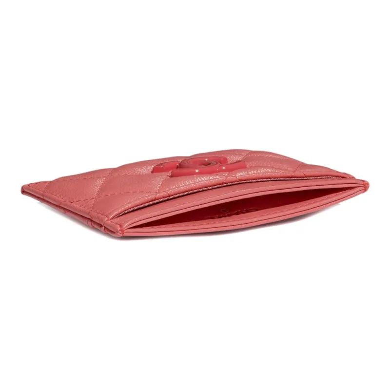 CHANEL Caviar Cow Leather Card Holder Unisex Coral Pink-3