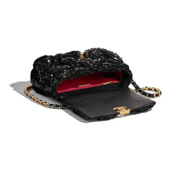 CHANEL 19Bag Sequins Flap Bag, Chain Shoulder Bag, Crossbody Bag Trumpets Women's Black-1