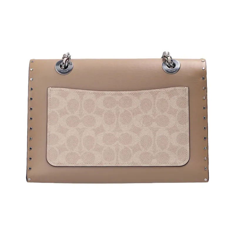 COACH Parker Coated Canvas With Leather Chain Bag, Shoulder Bag, Crossbody Bag Medium Size Women's Khaki/Gray White-2