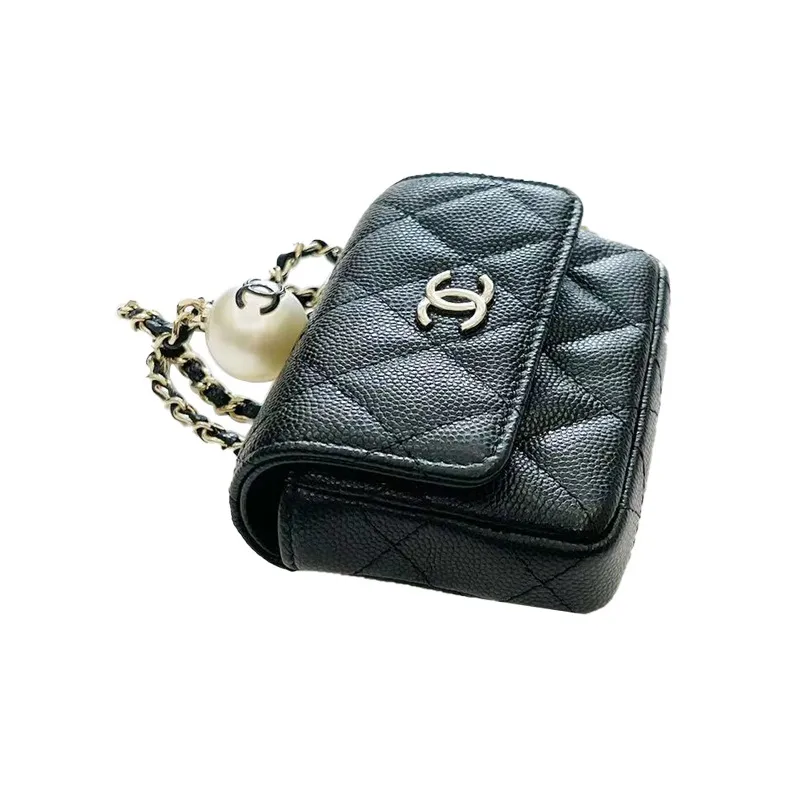 CHANEL Cow Leather Necklace Pouch Trumpets Women's Black-2