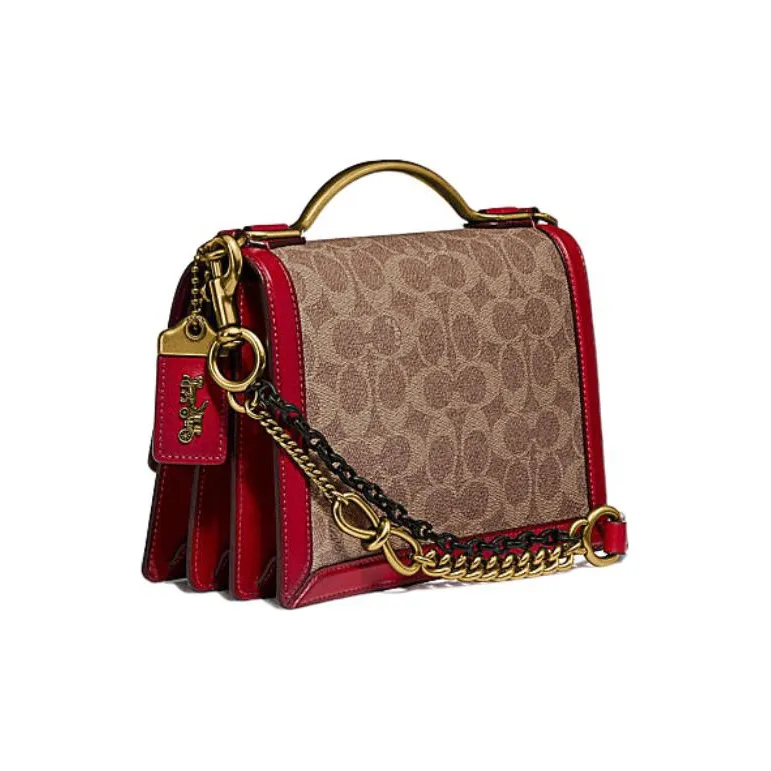 COACH Riley Canvas With Tanned Leather Trunk Bag, Handbag, Crossbody Bag Small Size Women's Brown Red-1