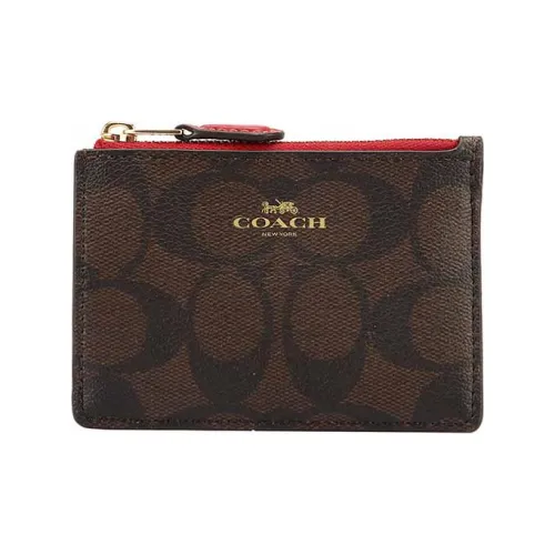COACH Mini Id Skinny Canvas Leather Card Holder Key Pouch Wallet Women's Dark Coffee Red