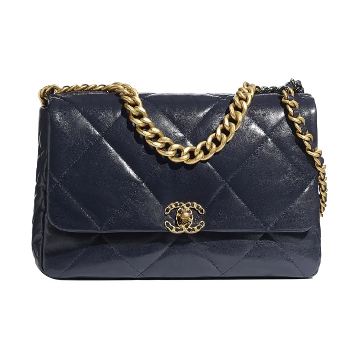 CHANEL 19Bag Goatskin & Metal Flap Bag, Handbag, Shoulder Bag, Crossbody Bag Women's Marine Blue/Gold-0