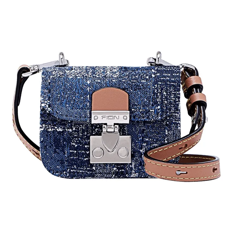 FION Fabric Small Square Bag, Crossbody Bag Regular Mini Women's Dark Blue/Camel-0