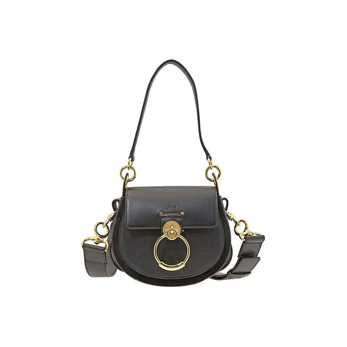 Chloe Tess Smooth Finish Calfskin Patchwork Suede Handbag Shoulder Bags Women's Black-0
